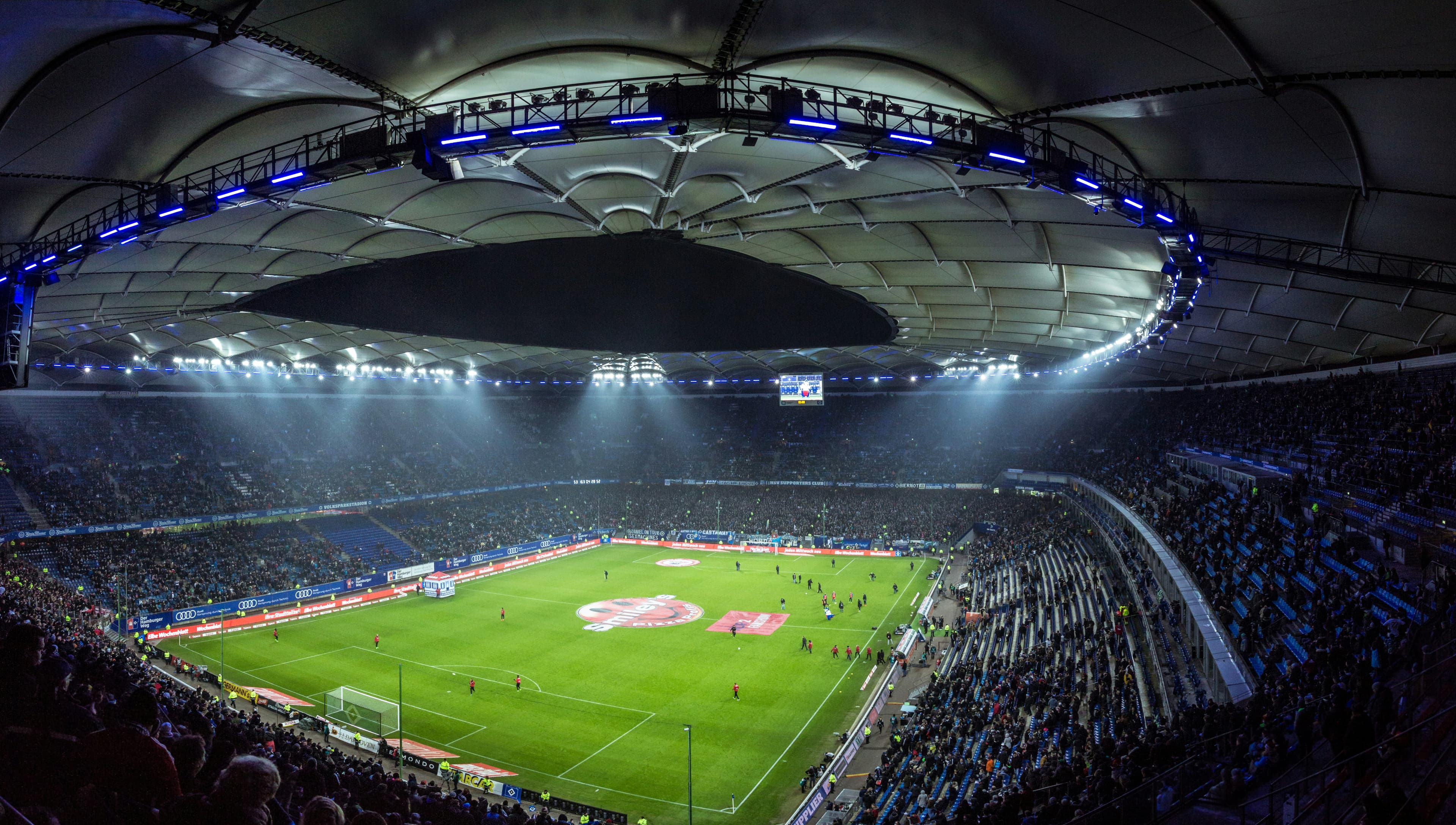 High angle aerial view of a football stadium ready for a major tournament match